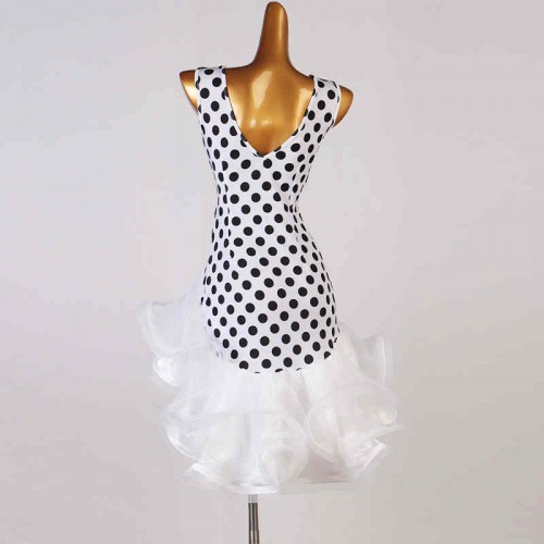 Customizable size white with black polka dot latin dance dresses for women girls stage performance salsa rumba chacha dance dress ruffles skirts latin dance clothing 
